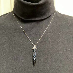 925 Solid Sterling Silver Chain with Black Striped Agate Pendant Necklace